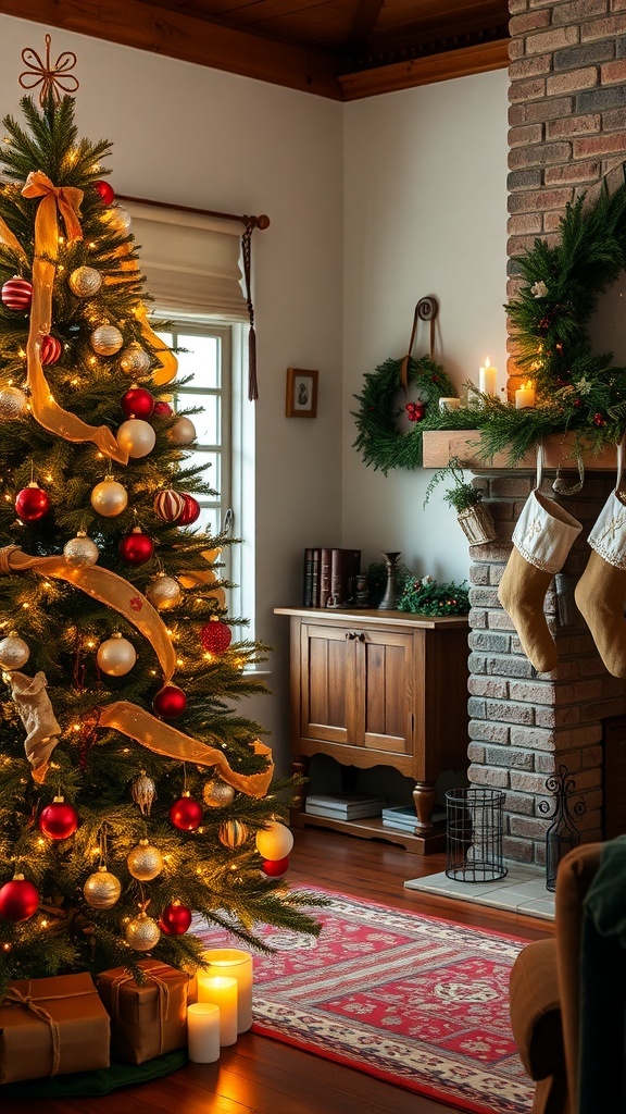 Traditional Christmas decor with a vintage tree, candles, and rustic stockings in a cozy living room.